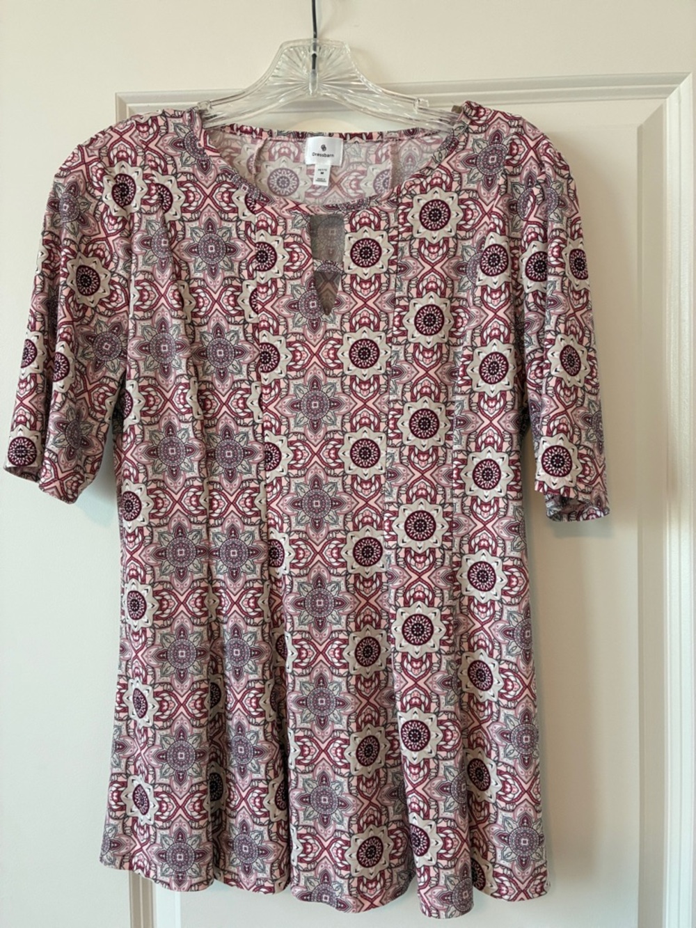 dressbarn Pink and Gray Medallion Print Short Sleeve Tunic